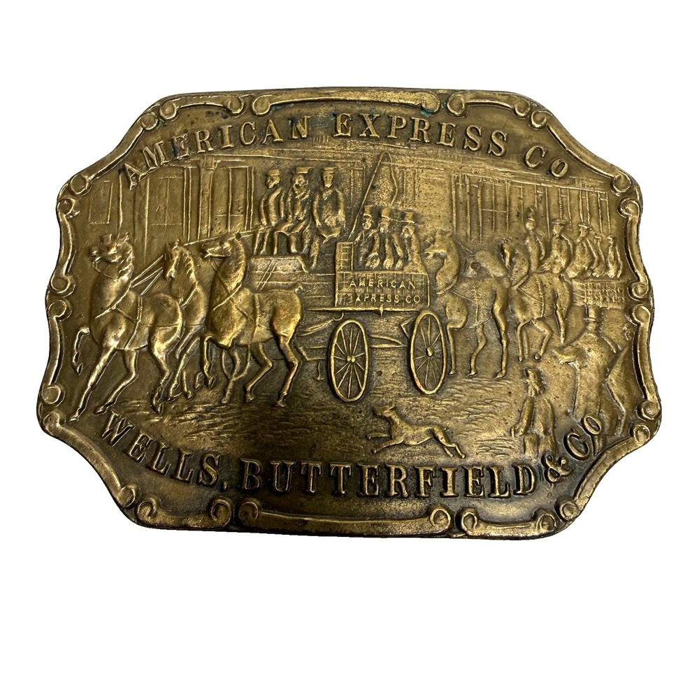 VTG American Express Co Wells Butterfield & Co. Horse Brass Metal Belt Buckle